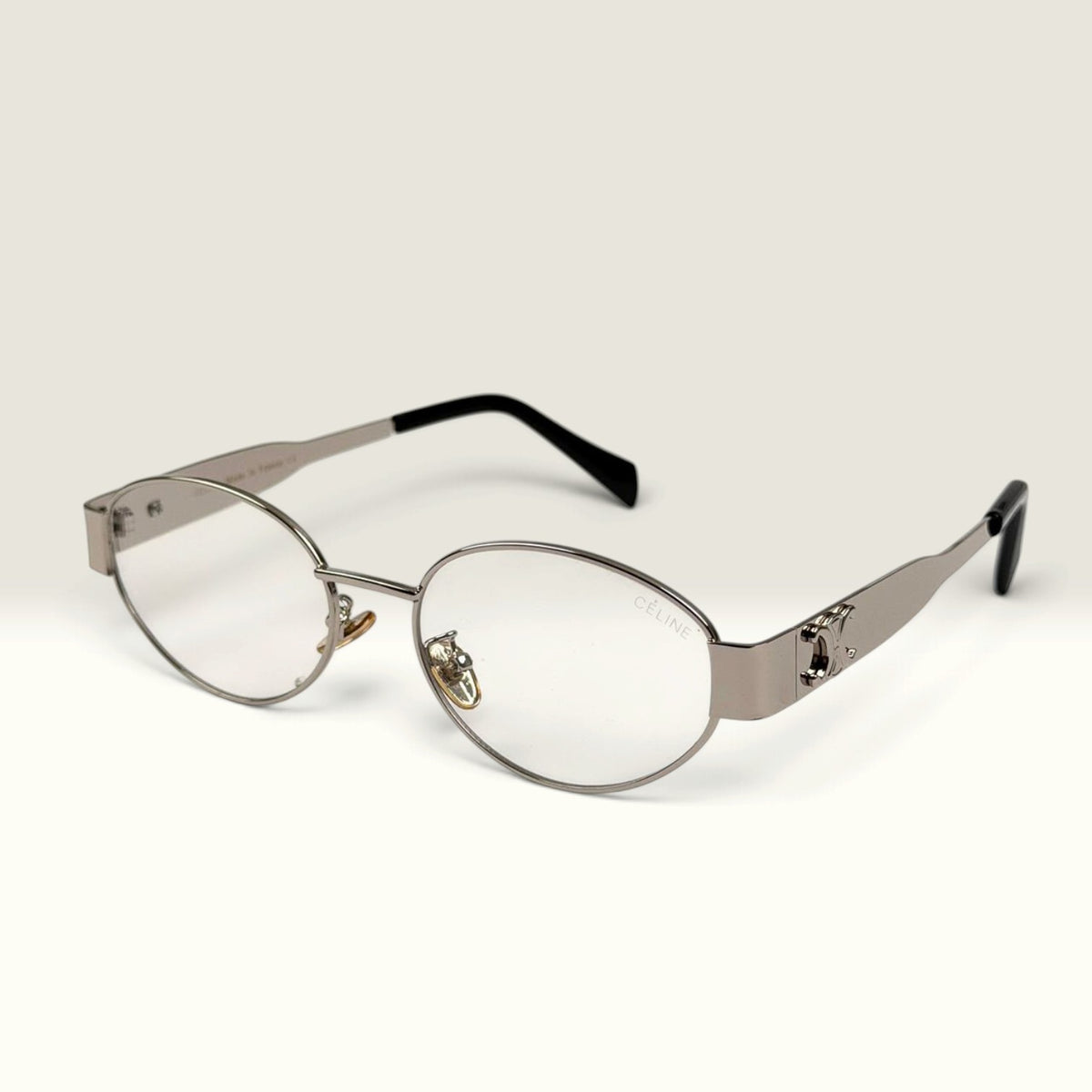 Celine Metal Triomphe Oval Eyeglasses Silver Clear